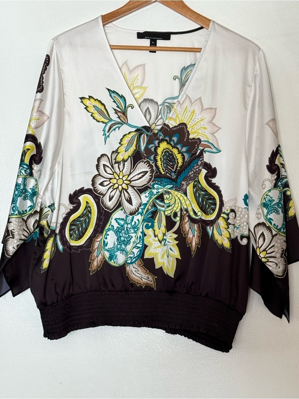 White House Black Market White, Teal & Brown Floral V-Neck Tunic